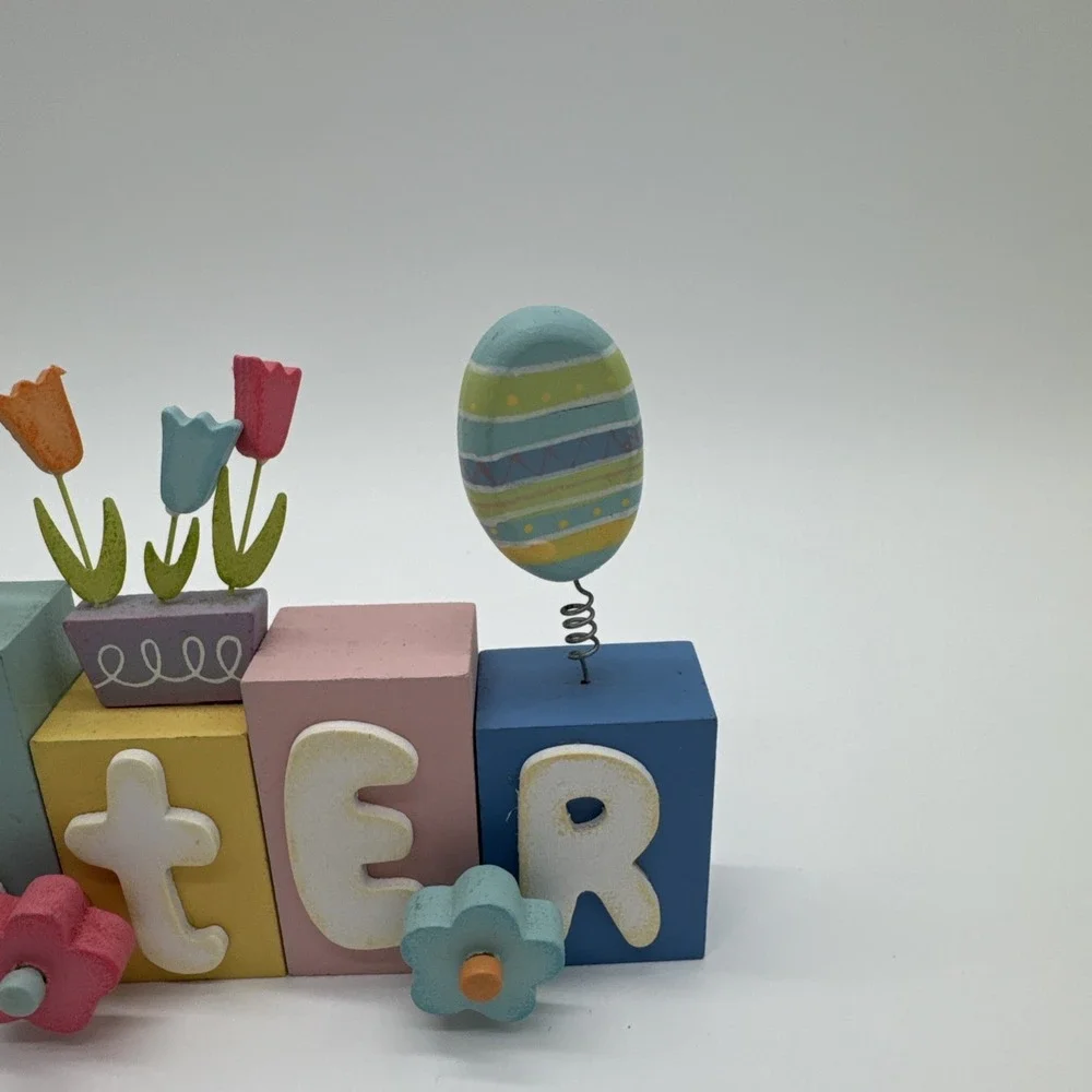 WOODEN PAINTED EASTER BUNNY And  Eggs FAMILY DECOR 9 1/4
